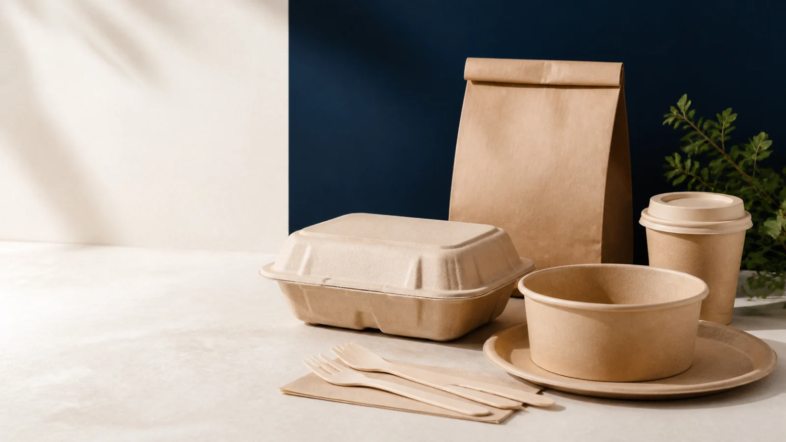 Contenedores, vasos y cubiertos de fibras naturales sobre una mesa de trabajo