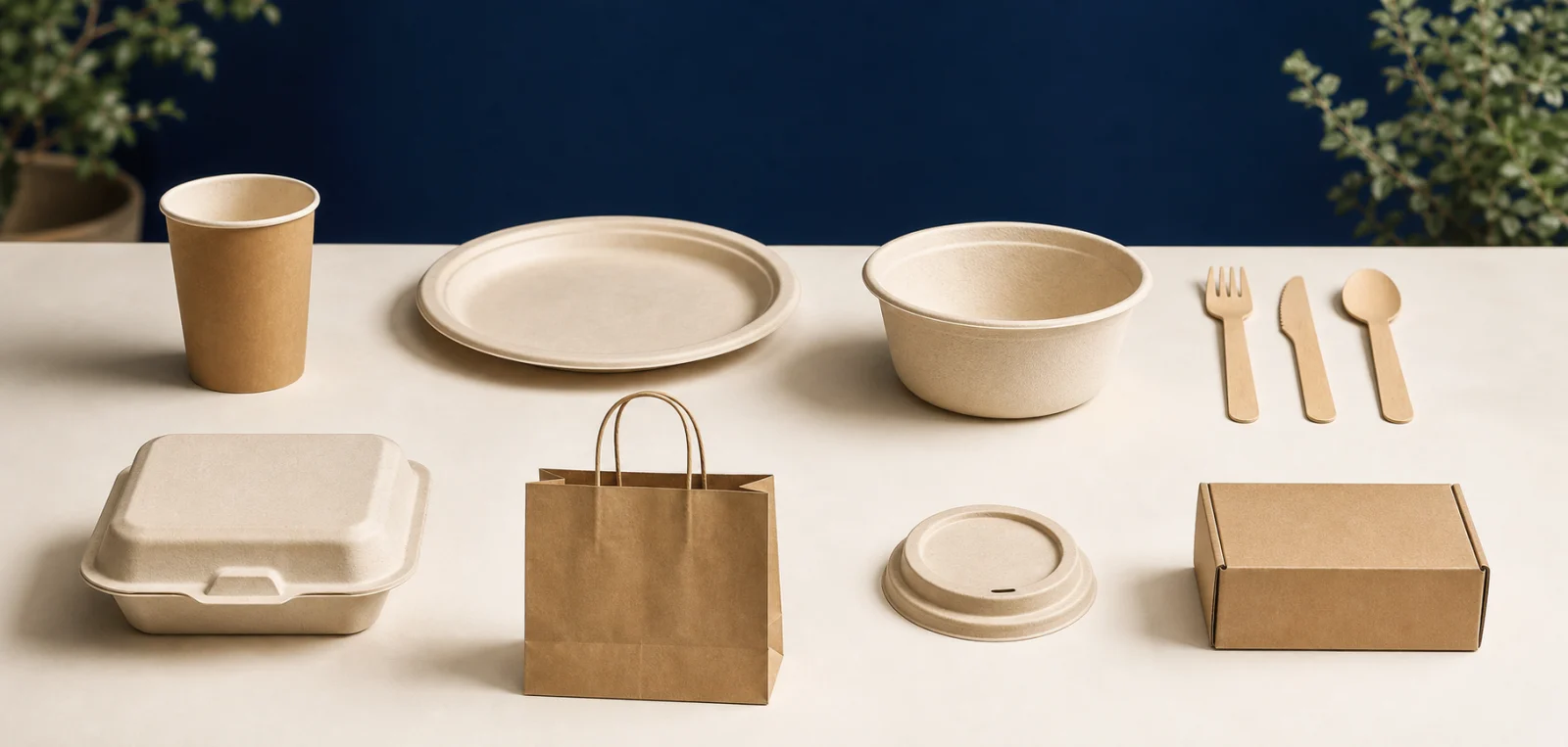 Selección representativa de vasos, platos, bowls, cubiertos, contenedores, bolsas, tapas y cajas de fibra natural